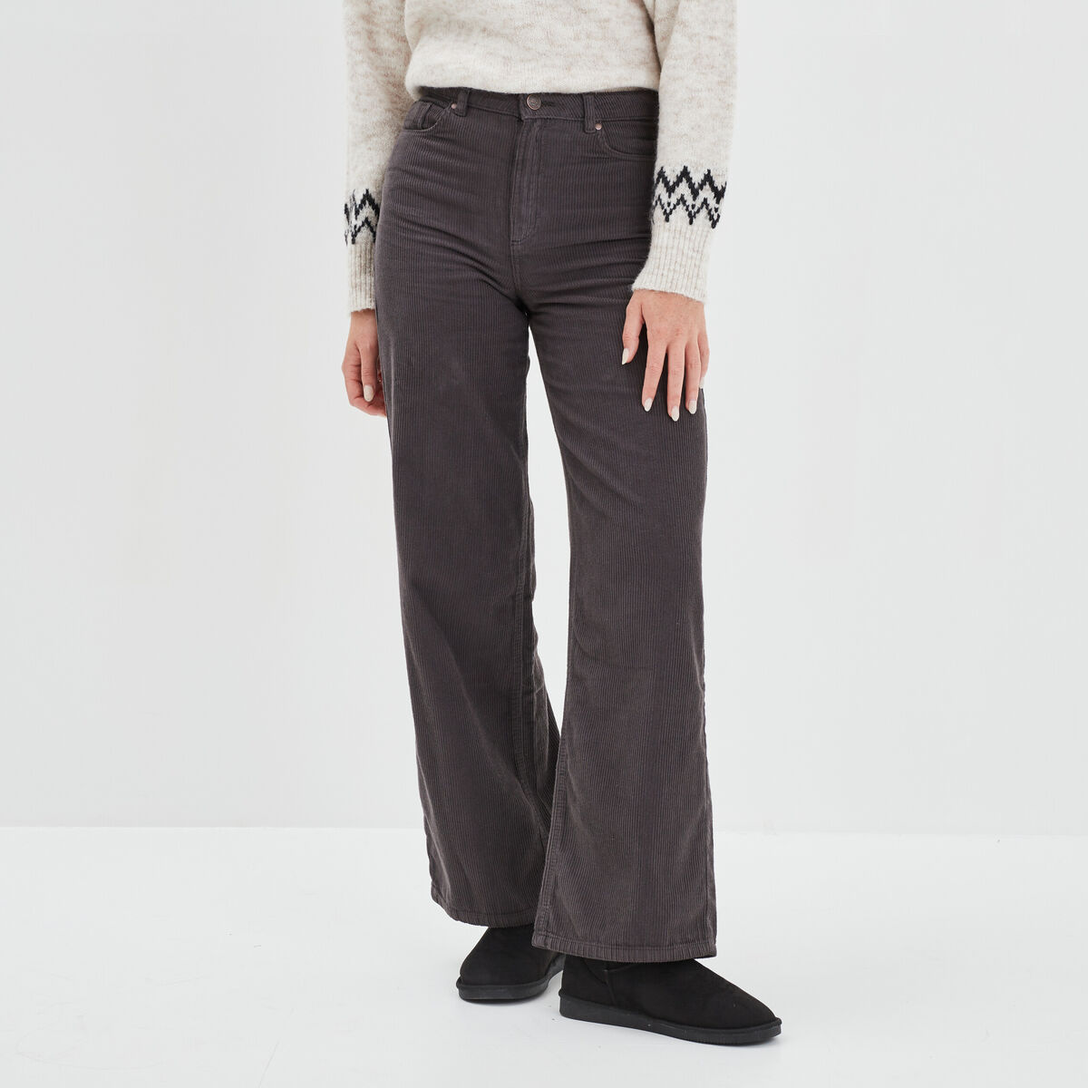 Pantalon velours taille haute large gris foncé femme