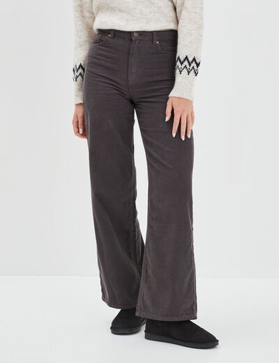 Pantalon velours taille haute large gris foncé femme