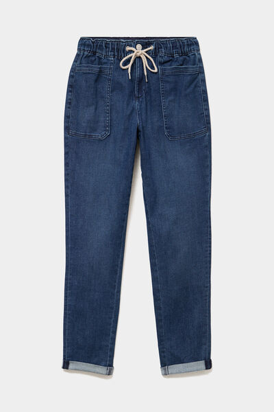 Jeans droit cropped taille &eacute;lastiqu&eacute;e bleu femme