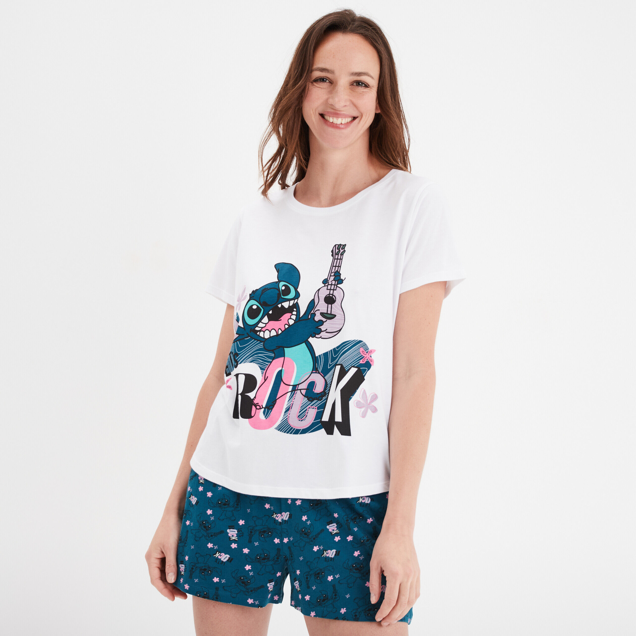 Ensemble pyjama short coton Stitch blanc femme