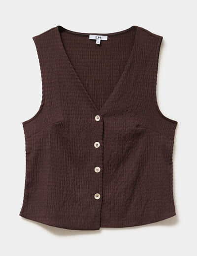 Veston gaufr&eacute; ajust&eacute; boutonn&eacute; col en V marron fonc&eacute; femme