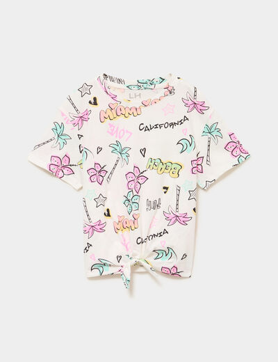 T-shirt nou&eacute; manches courtes coton ecru fille