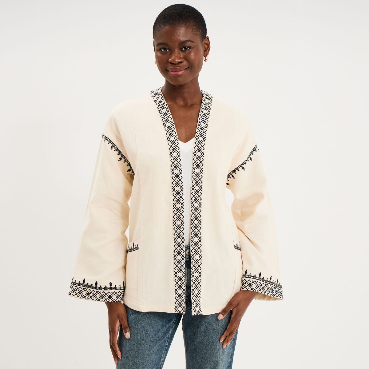 Veste esprit kimono brod&eacute;e coton ivoire femme
