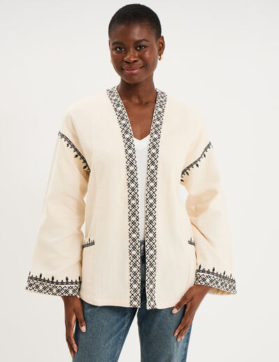 Veste esprit kimono brod&eacute;e coton ivoire femme