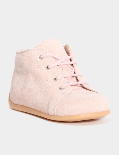 Bottillons effet suédine en cuir rose bébé fille
