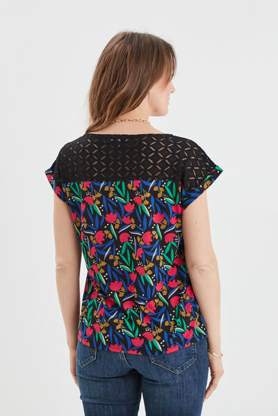 T-shirt dentelle épaules et dos noir femme