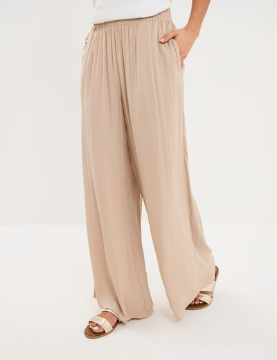 Pantalon large effet satin&eacute; &eacute;lastiqu&eacute; beige femme