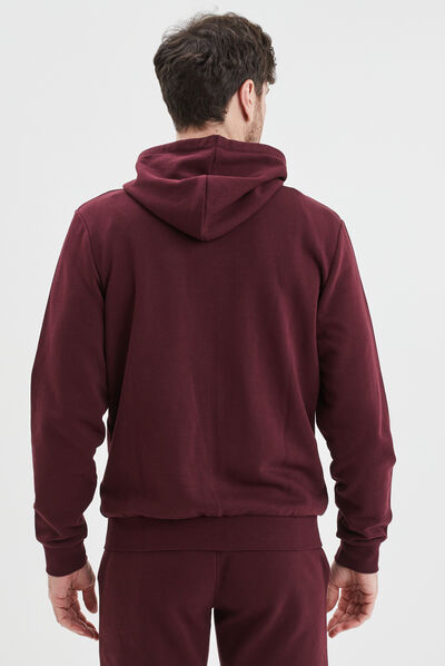 Sweat zippé molleton à capuche prune homme