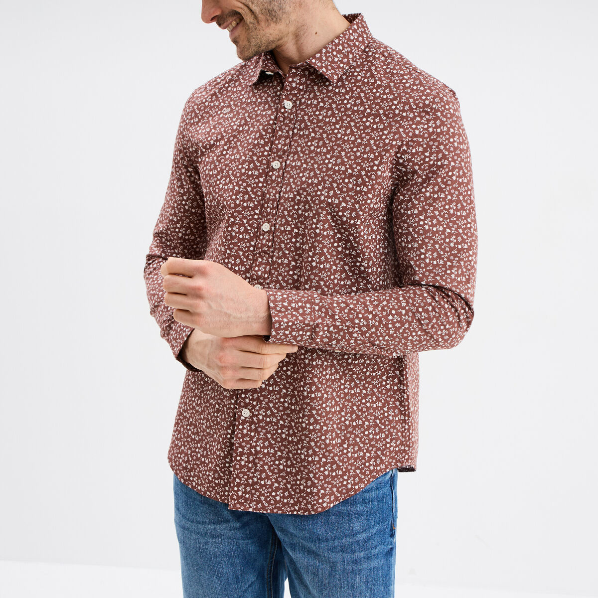 Chemise droite imprim&eacute;e manches longues marron homme