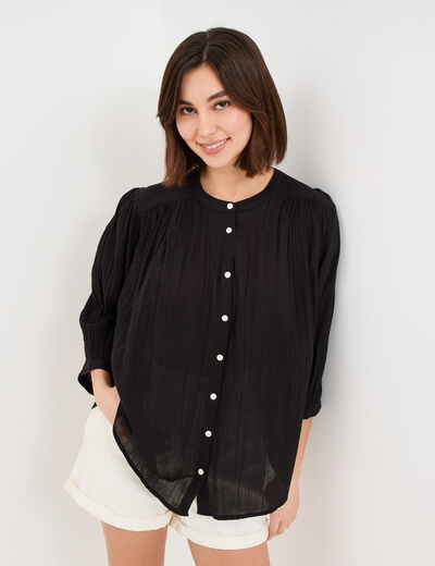 Blouse fluide oversize manches 3/4 coton noir femme