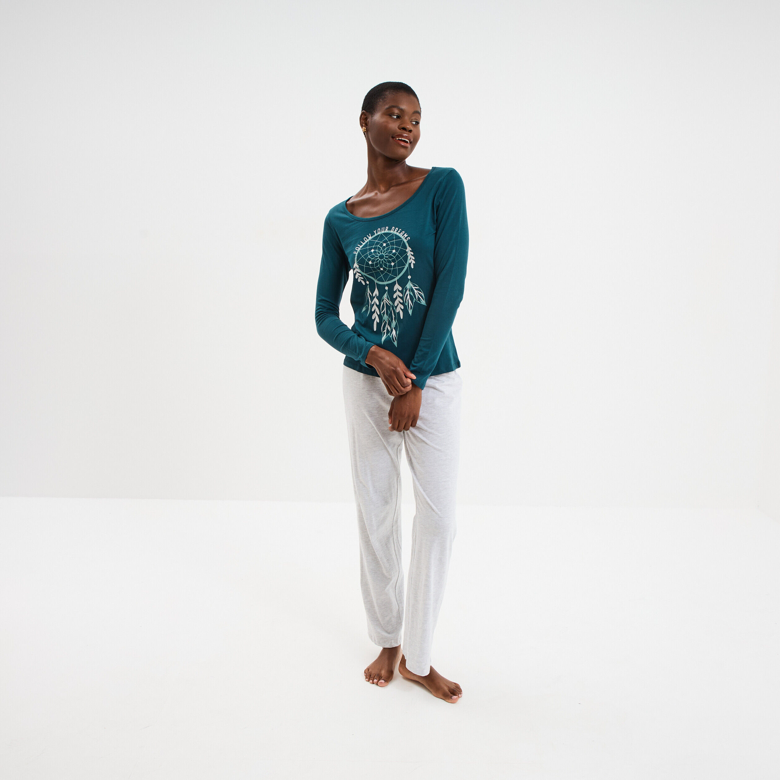 Ensemble pyjama pantalon 2 pièces coton bleu canard femme LH