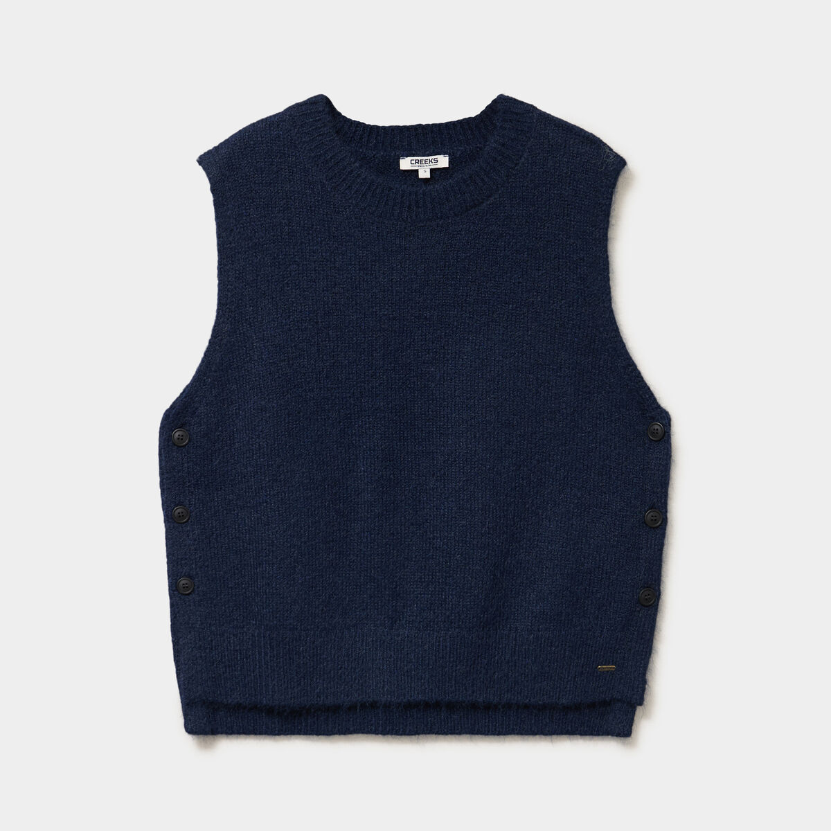 Pull col rond sans manches &agrave; boutons bleu fonc&eacute; femme