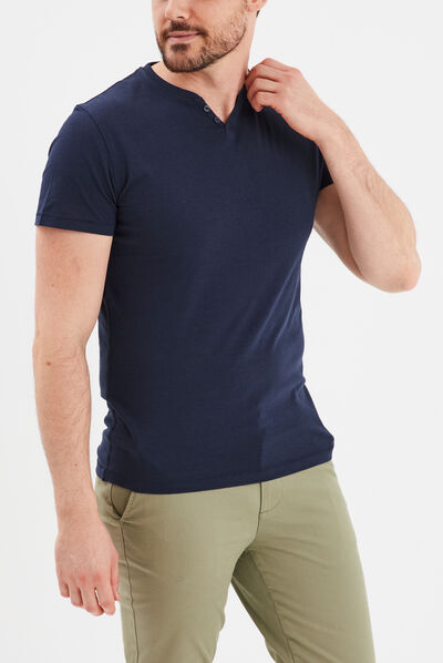 T-shirt manches courtes col tunisien bleu marine homme