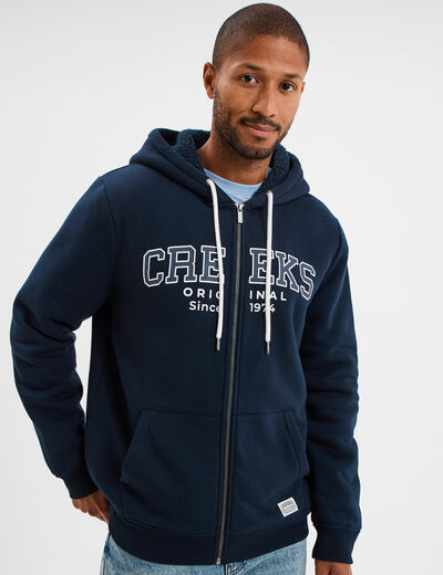 Sweat zippé à capuche doublé bleu marine homme