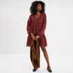 Robe évasée col en V et volants bordeaux femme