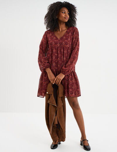 Robe évasée col en V et volants bordeaux femme