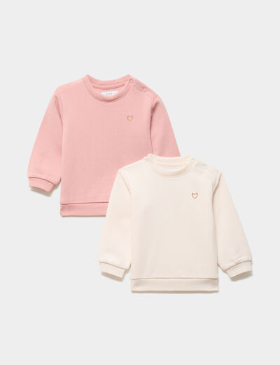 Lot 2 sweats &eacute;paules boutonn&eacute;es rose poudr&eacute;e b&eacute;b&eacute; fille
