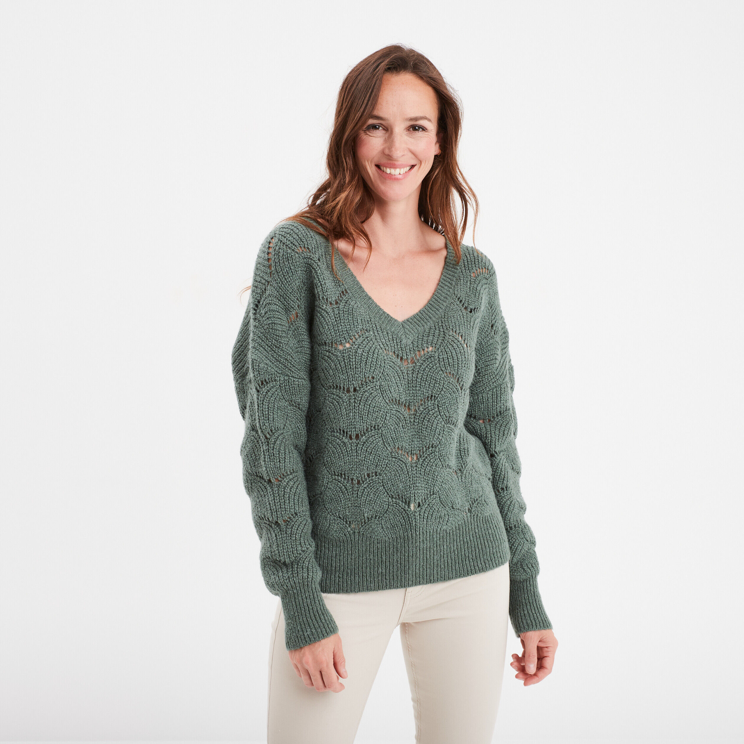 Pull ajouré col en V manches longues vert femme CREEKS
