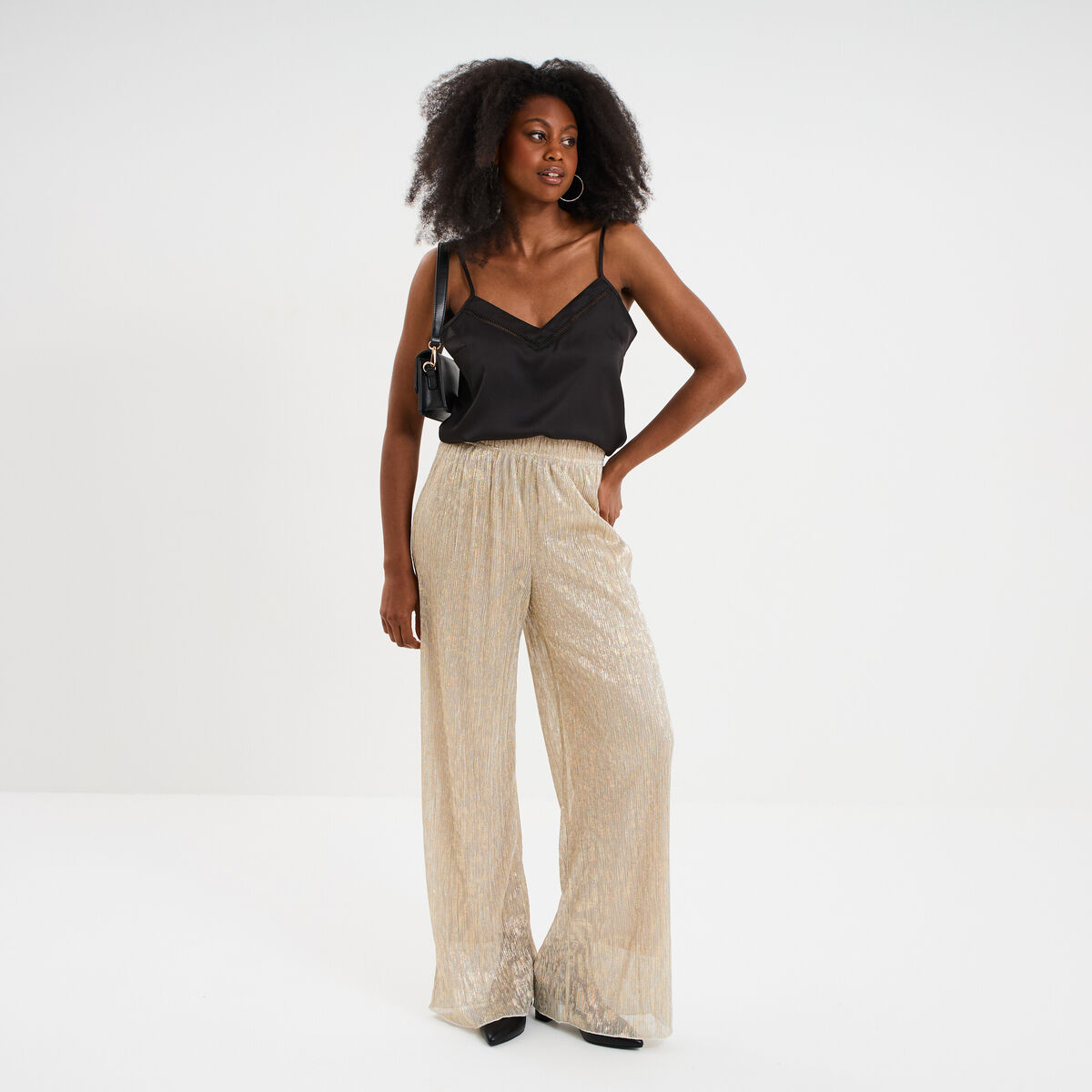 Pantalon plissé taille élastiquée jaune or femme