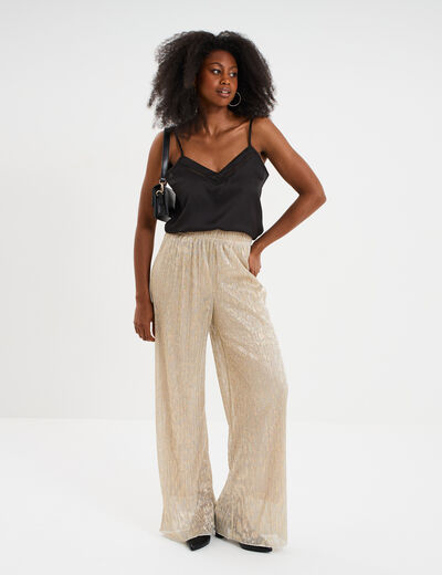 Pantalon plissé taille élastiquée jaune or femme
