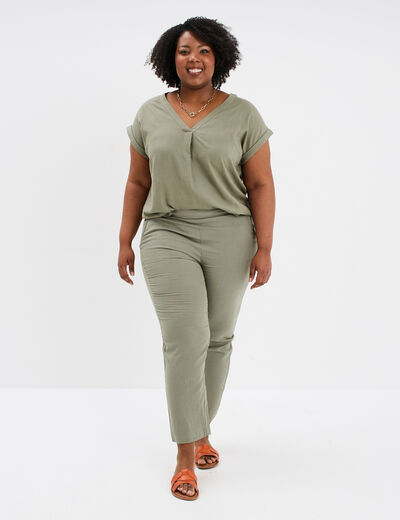 Blouse col V manches courtes mélange lin vert kaki femme grande taille