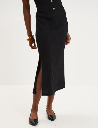 Jupe longue gaufr&eacute;e fluide noir femme