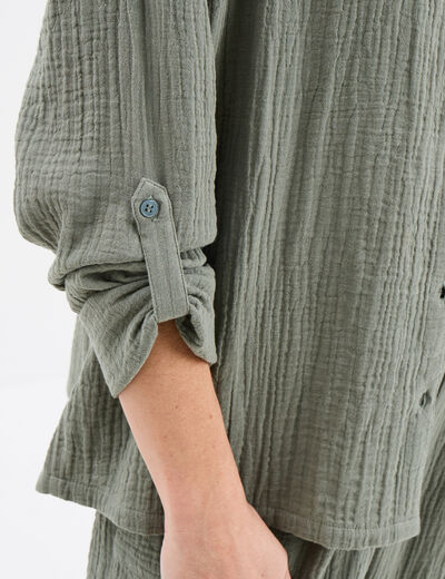 Chemise manches longues en gaze de coton vert kaki femme