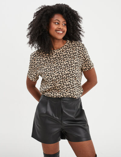 T-shirt coton col rond manches courtes camel femme