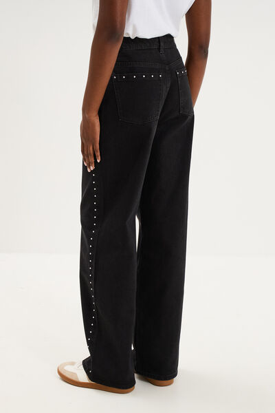 Jean large &agrave; clous coton denim noir femme