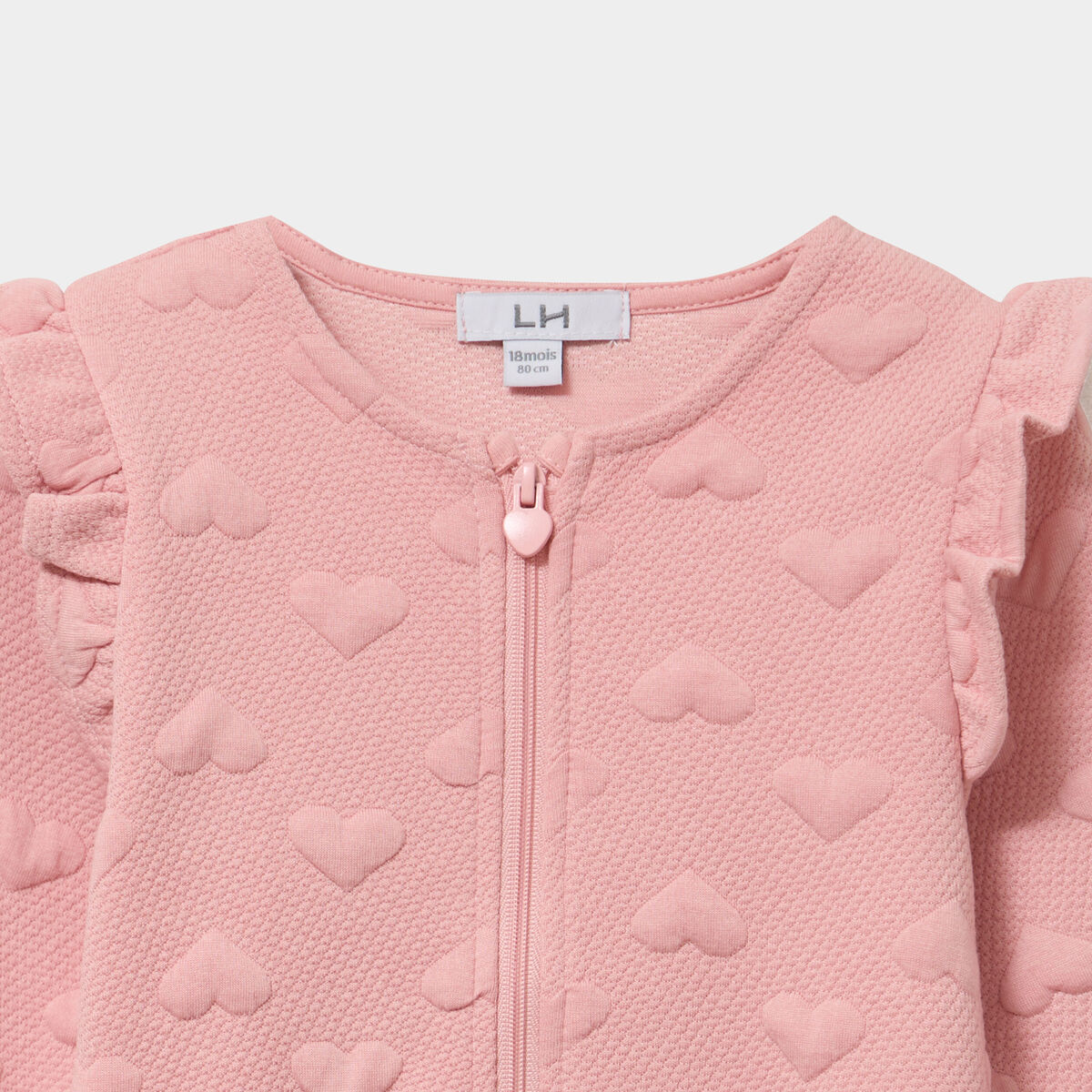 Gilet zipp&eacute; matelass&eacute; coeur &agrave; volants rose poudr&eacute;e b&eacute;b&eacute; fille