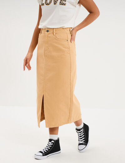 Jupe en jean longue fendue droite beige femme