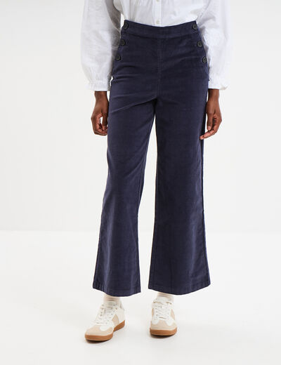 Pantalon effet velours &agrave; pont 7/8&egrave;me bleu fonc&eacute; femme