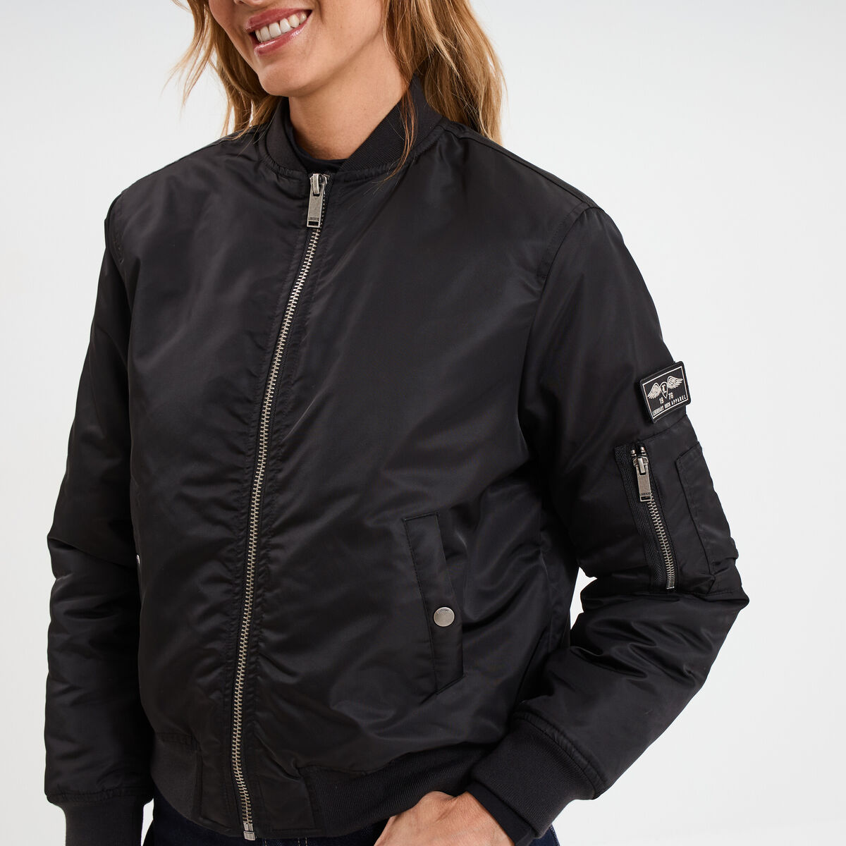 Blouson d&eacute;perlant col teddy noir femme
