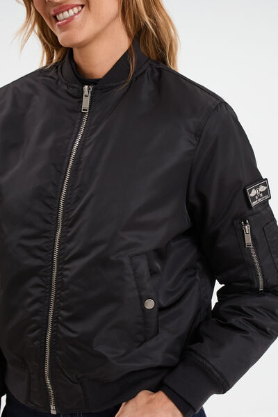 Blouson d&eacute;perlant col teddy noir femme