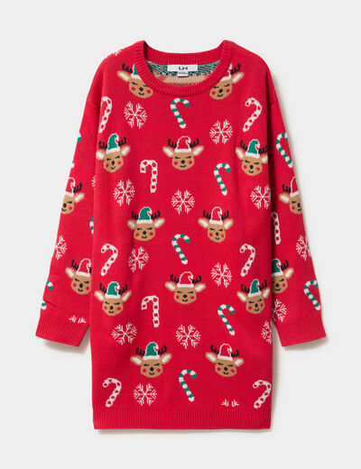 Robe pull de No&euml;l manches longues rouge fille