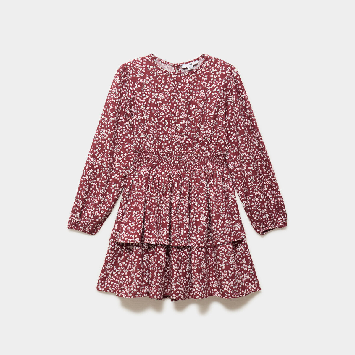 Robe courte patineuse &agrave; volants smock&eacute;e bordeaux fille