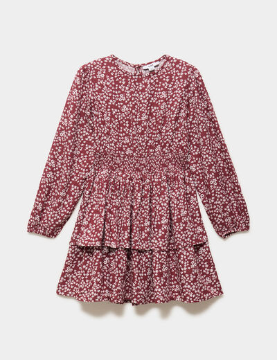 Robe courte patineuse &agrave; volants smock&eacute;e bordeaux fille