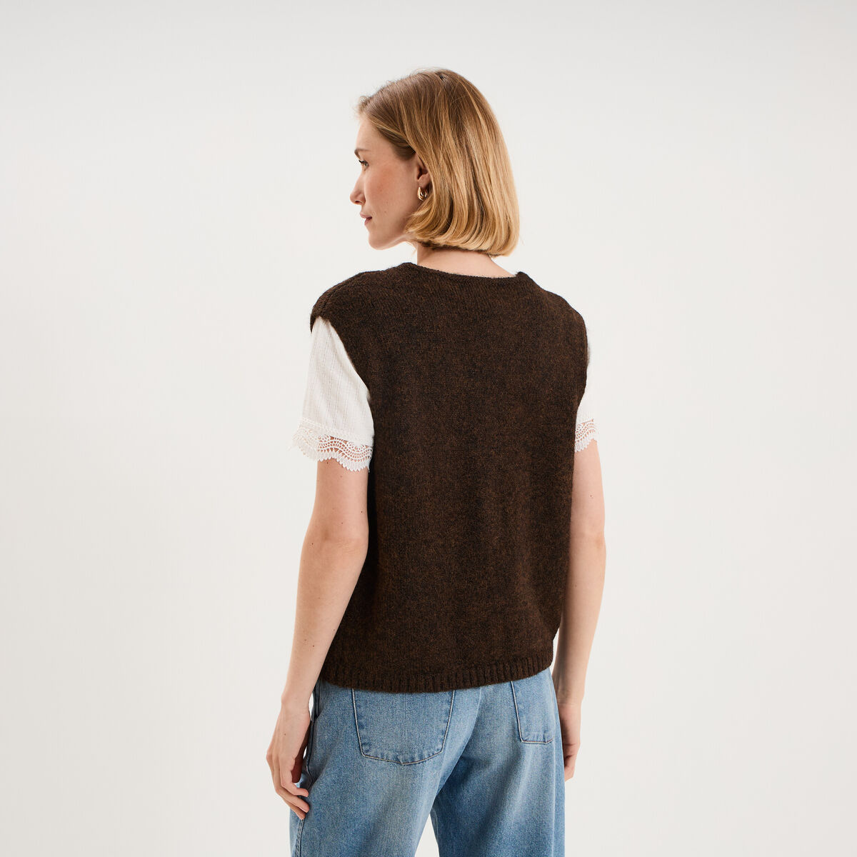 Gilet sans manches col en V marron fonc&eacute; femme