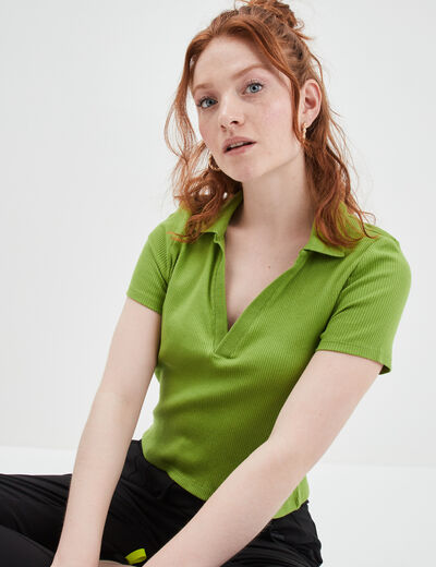 T-shirt court côtelé col polo coton vert femme