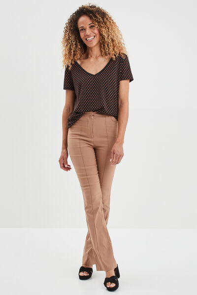 Pantalon city bootcut taille haute marron clair femme