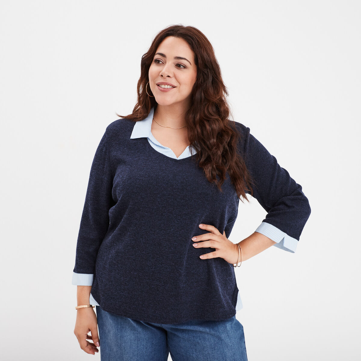 Pull effet 2-en-1 avec manches 3/4 bleu marine femme grande taille