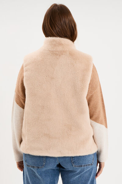 Gilet fausse fourrure col montant zipp&eacute; beige femme grande taille