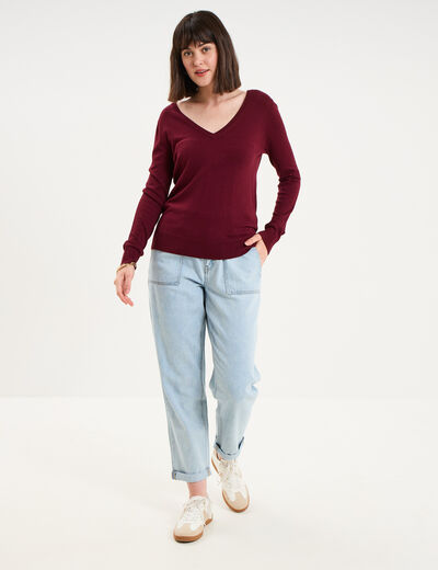 Pull col en V manches longues bordeaux femme
