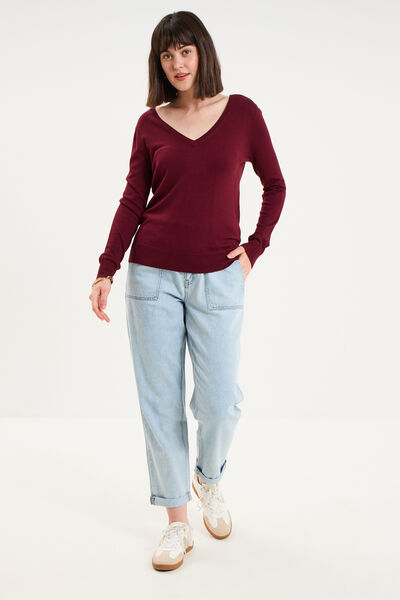 Pull col en V manches longues bordeaux femme