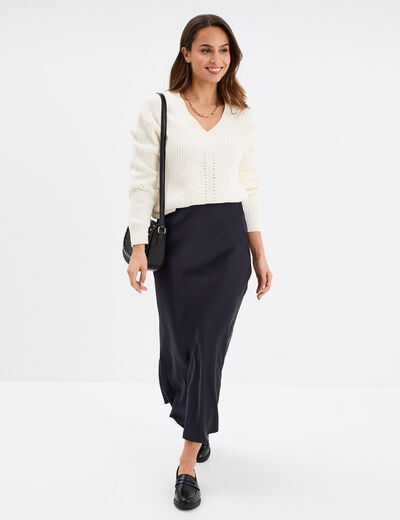 Pull col en V détails ajourés blanc femme
