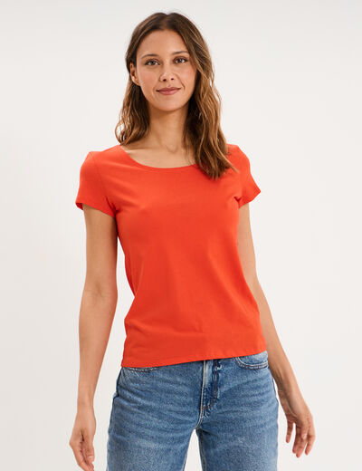 T-shirt coton col rond manches courtes orange femme