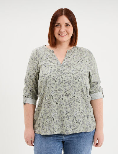 Blouse col tunisien manches 3/4 fluide vert kaki femme grande taille