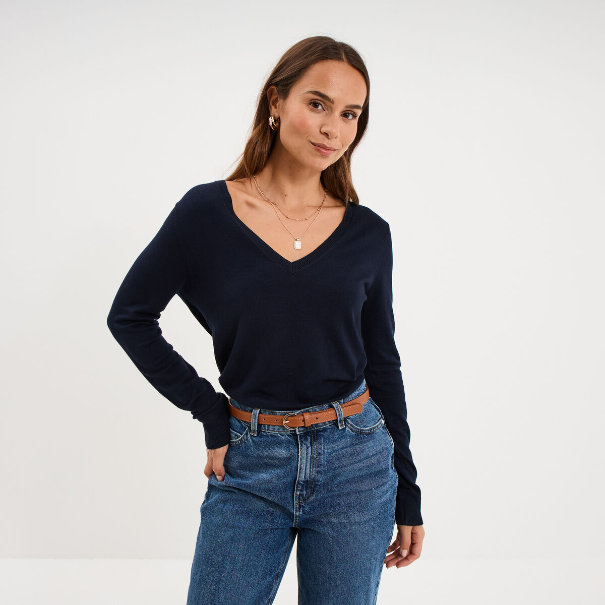 Pull col en V manches longues bleu marine femme