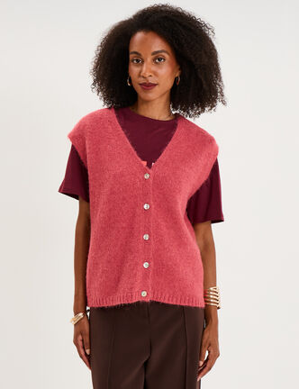 Gilet sans manches col V boutonn&eacute; rose cerise femme