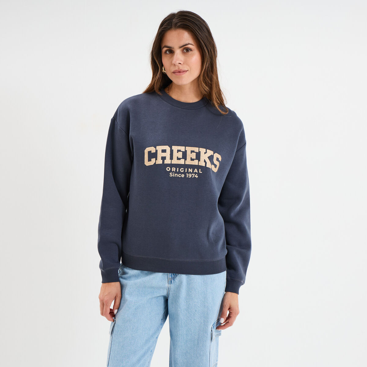 Sweat molleton col rond manches longues bleu fonc&eacute; femme